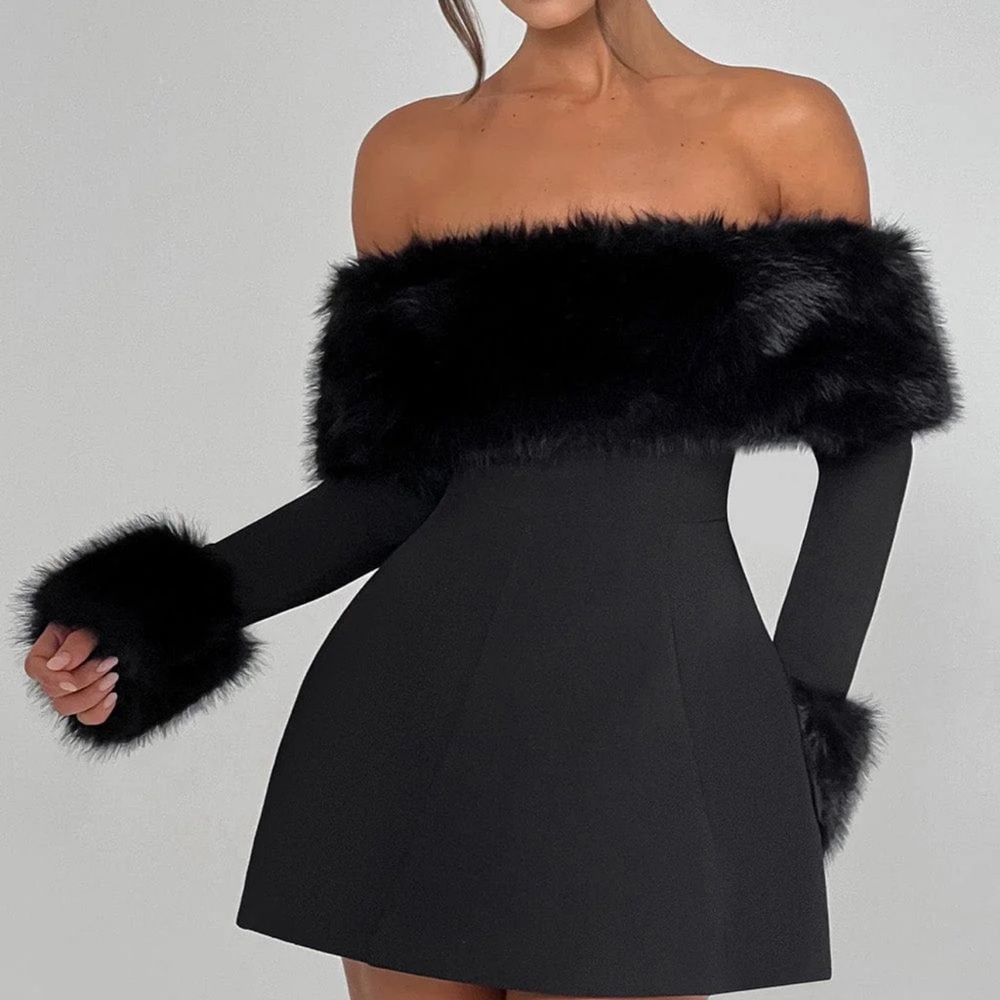 Chic Black Strapless Dress with Faux Fur Accents